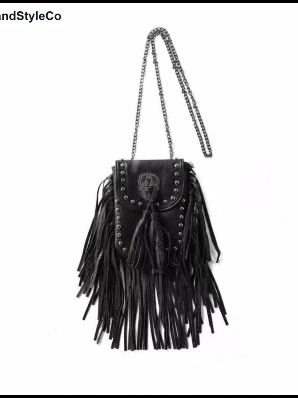 Y2K Punk Fringe Crossbody Bag with Skull Rivet Details Vegan Leather Shoulder
